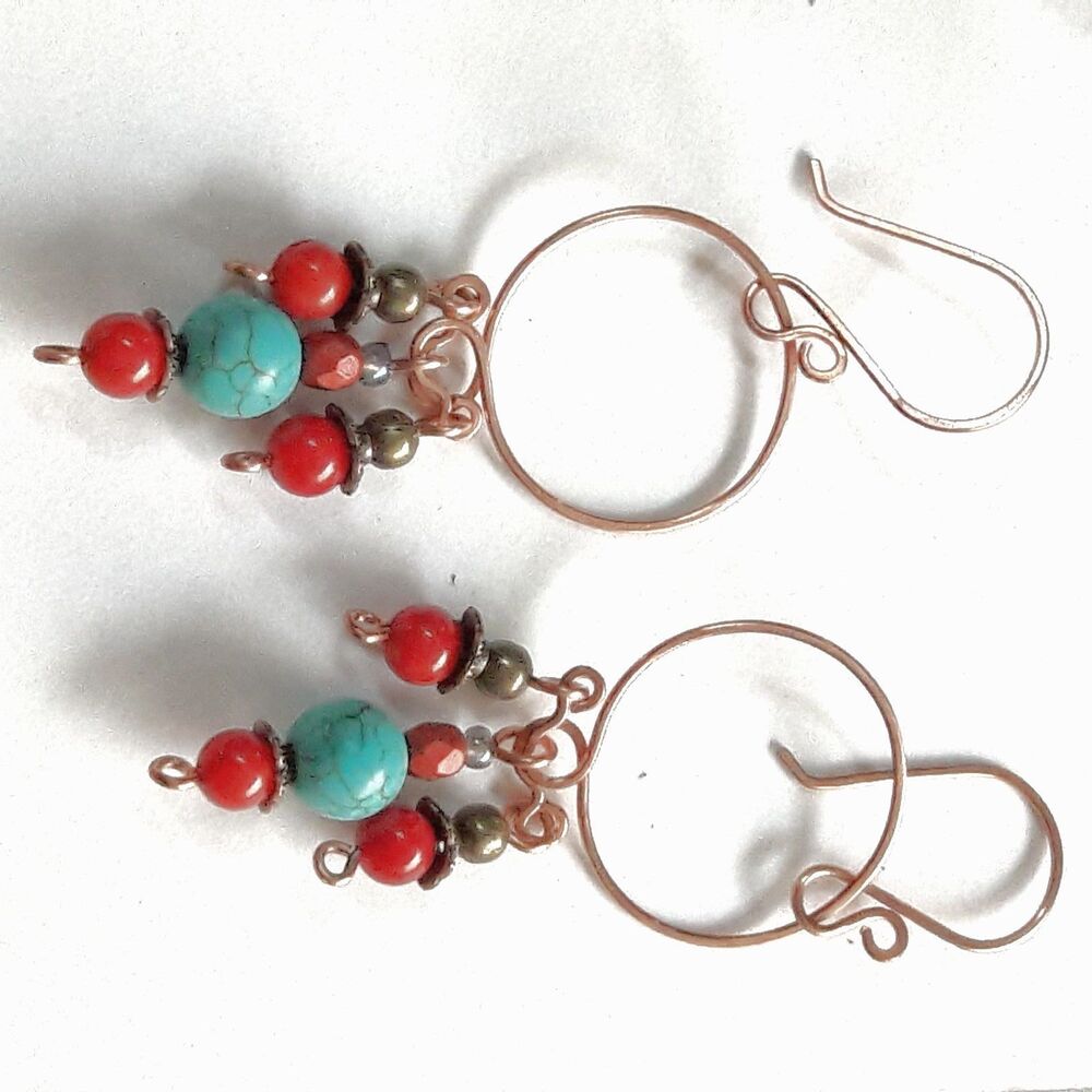 artisan earrings 607#mfs South Western blue stone red fringe dangle hoop earring